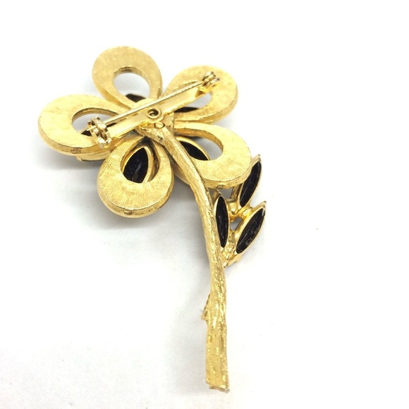 !!SOLD!! VINTAGE BLACK RHINESTONE FLOWER BROOCH PIN GOLD TONE - Picture 14 of 17